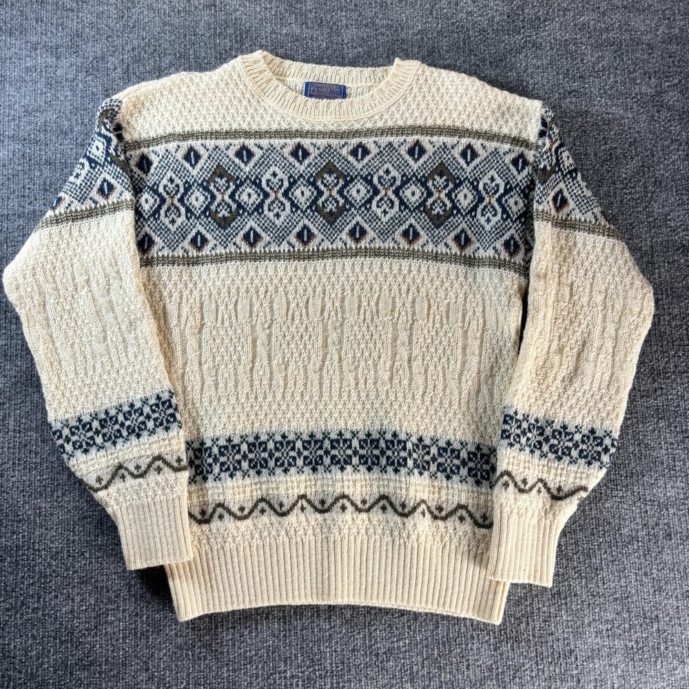 Vintage Pendleton Sweater Mens Medium White Wool Fair Isle Ski Knit Crewneck USA